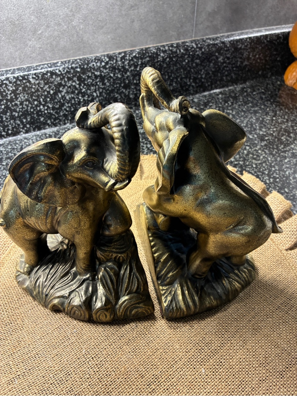 VTG Elephant Book Ends Safari - Cast Metal Gold - 1975 S.C.C. Brass Finish